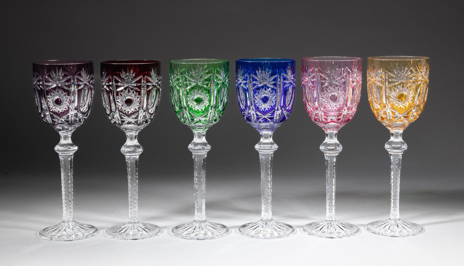 Bohemia Cut Glass Tall Cups: Set of 6 Bohemia tall glass wine cups in various colors, cut with classical pattern. Approx. 8.7-3 inch (each).