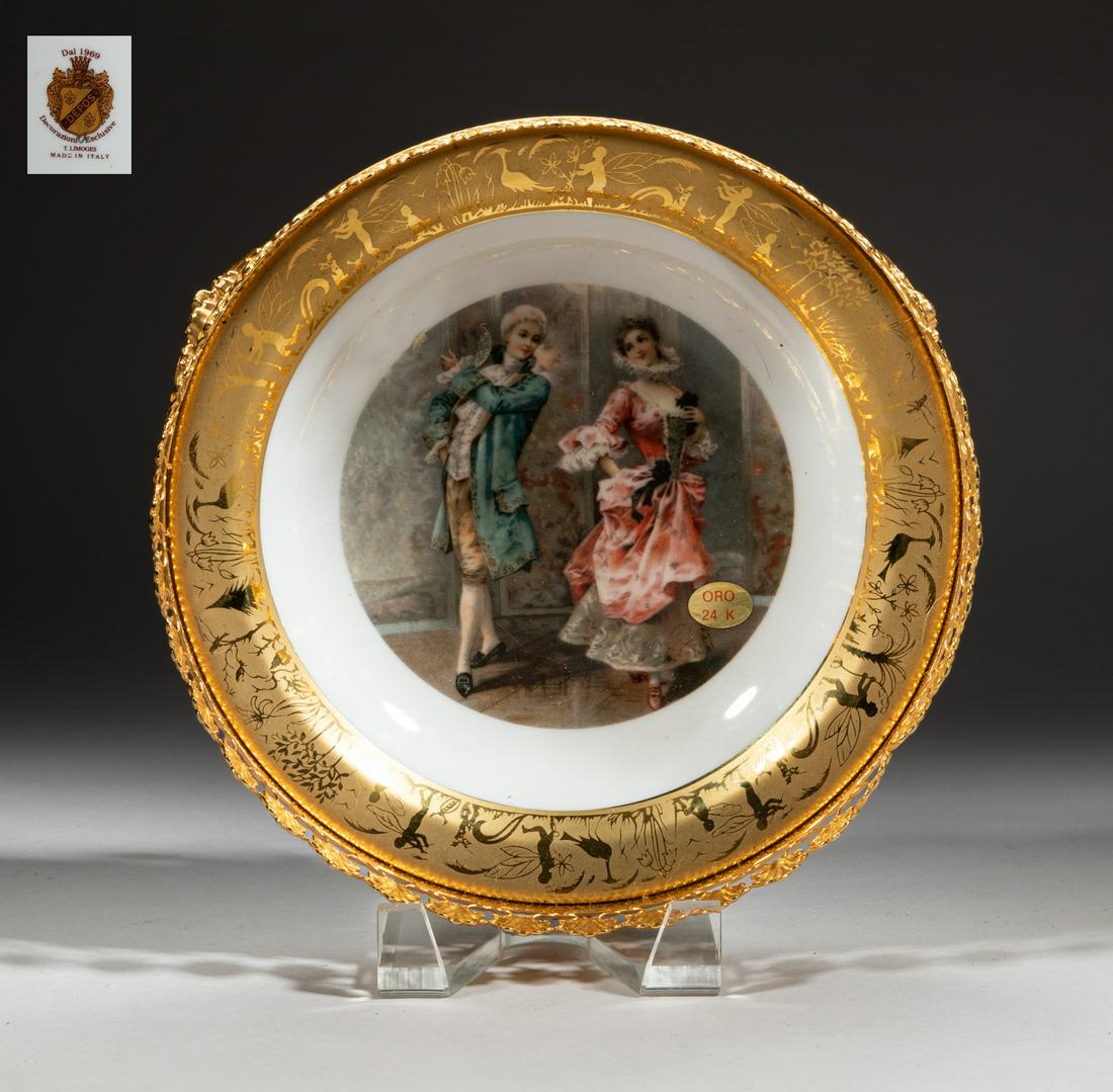 Continental Gold Filled Porcelain Plate: The interior decorated with two dancing figures, the gold-filled rim with figures and birds framed by a band of leaves, marked Dal 1969 T. LIMOGES MADE IN ITALY. Approx. 8.5-2.5 inch. Approx. 8.5inch 