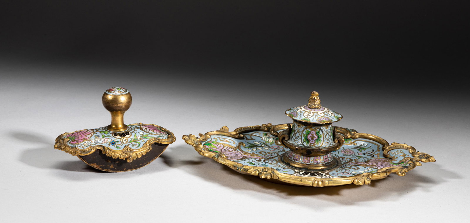Antique France Cloisonne Pieces: Antique French style cloisonne metal table pieces, enameled with flowers on pale blue ground, the rim cast cast in foliage form. Approx. 8.5-6.5-3.1 inch (larger). The Estate of Durand & Son, France, 