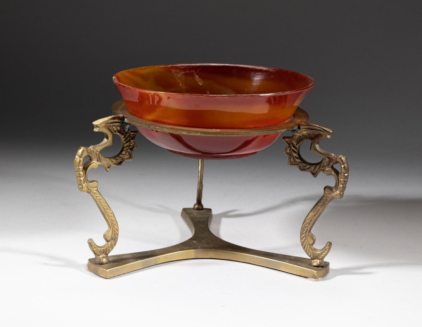 France Carnelian Agate Bowl w/ Stand: Collectible French carnelian agate carved bowl, with stand. Approx. 5.8-2 inch (bowl size). The Estate of Durand & Son, France, 2022.