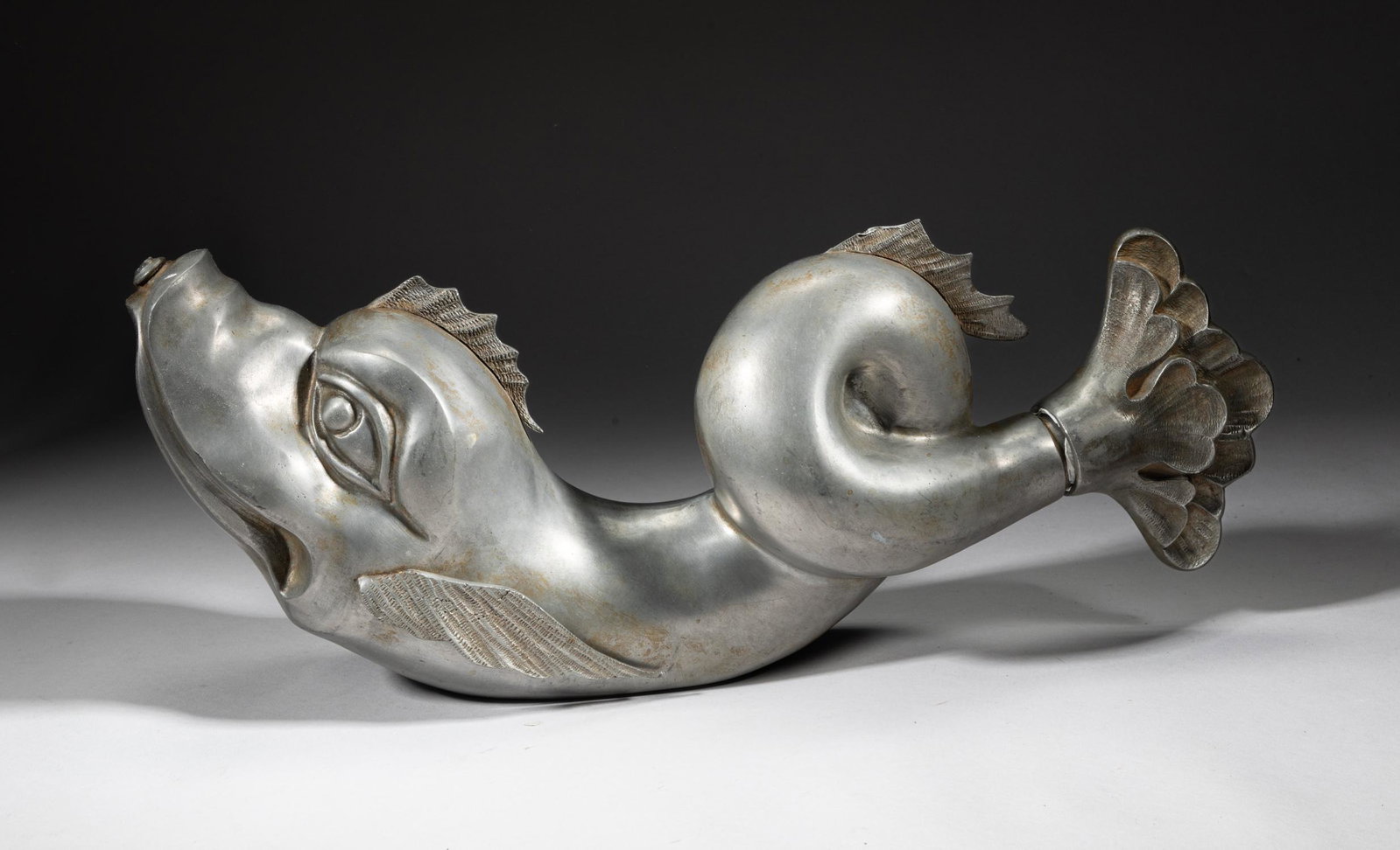 Continental Large Pewter Sculpture of Beast: Collectible large pewter table sculpture modeled in mythical beast form. Approx. 17-7-3.7 inch.