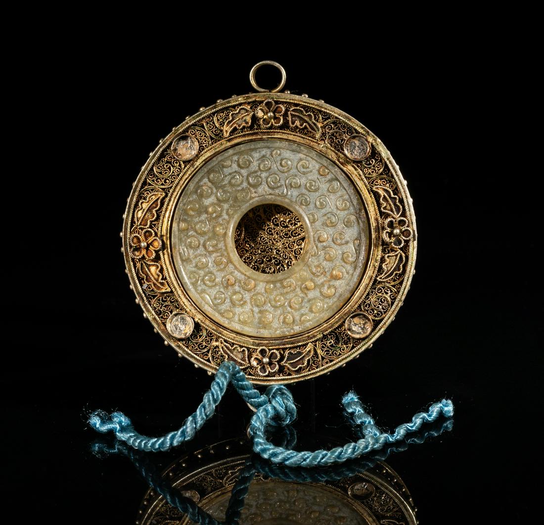 Chinese Gilt Silver Inlaid Jade Bi (1 of 9)