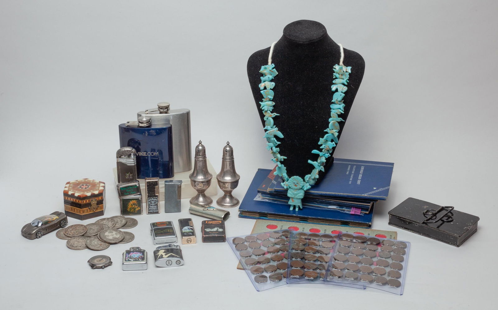 Chinese, World Coins & Zuni Jewelry: Including Chinese Fengshui coins, American penny coins, lighters, pepper shakers, hip flasks, and a necklace. Size varies.