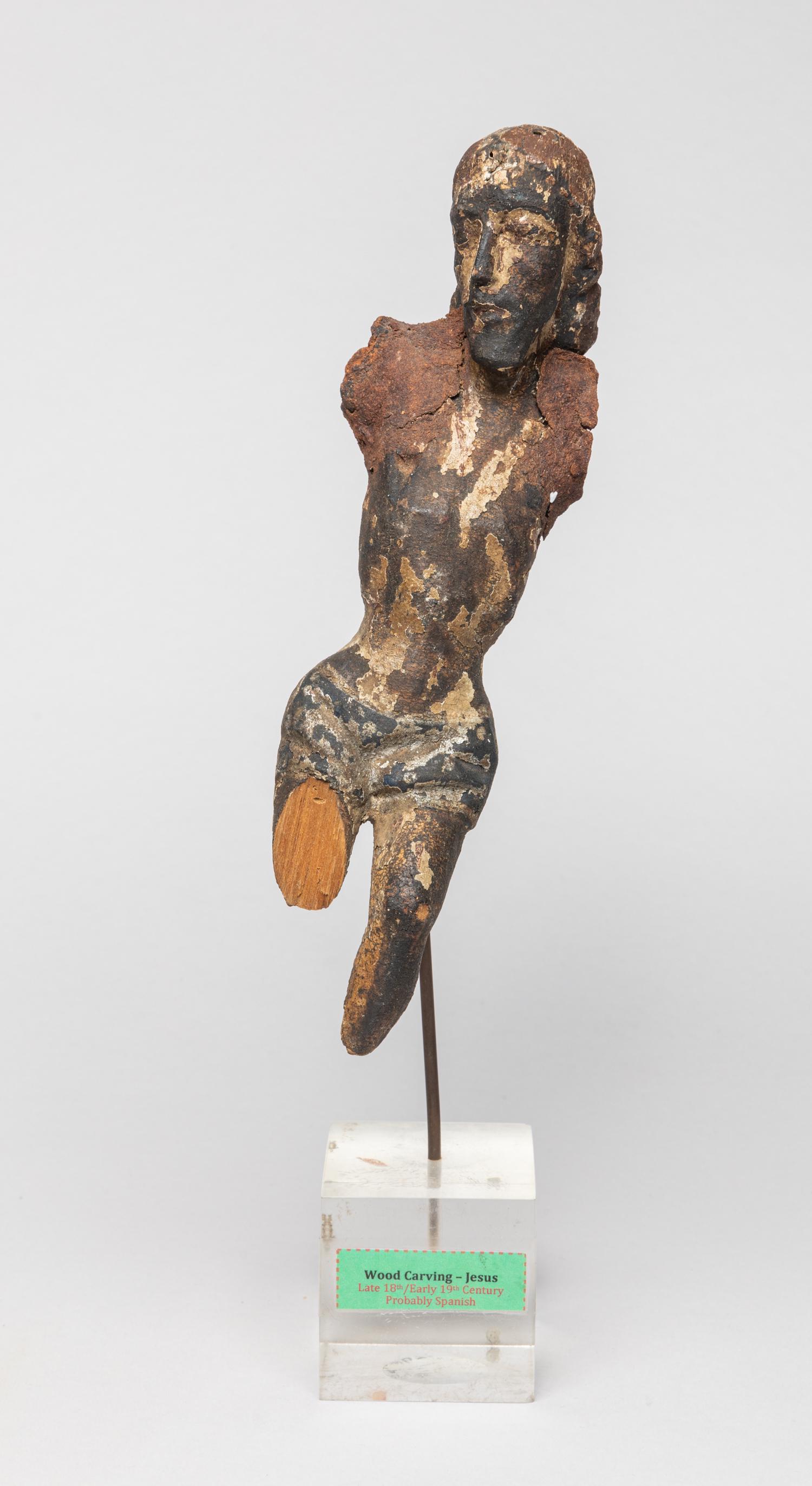 Antique Wood Sculpture of Jesus: Collectible wood carving of Jesus, probably Spanish, with acrylic stand. Approx. 11.5-2.3-2 inch (w/ stand).