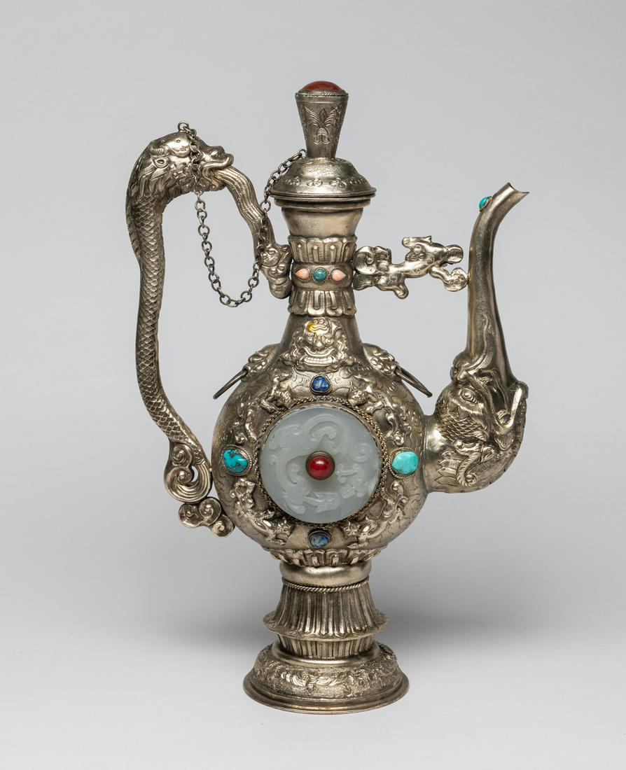 Large Chinese Silver-plated Pot Inlaid Jade (1 of 14)