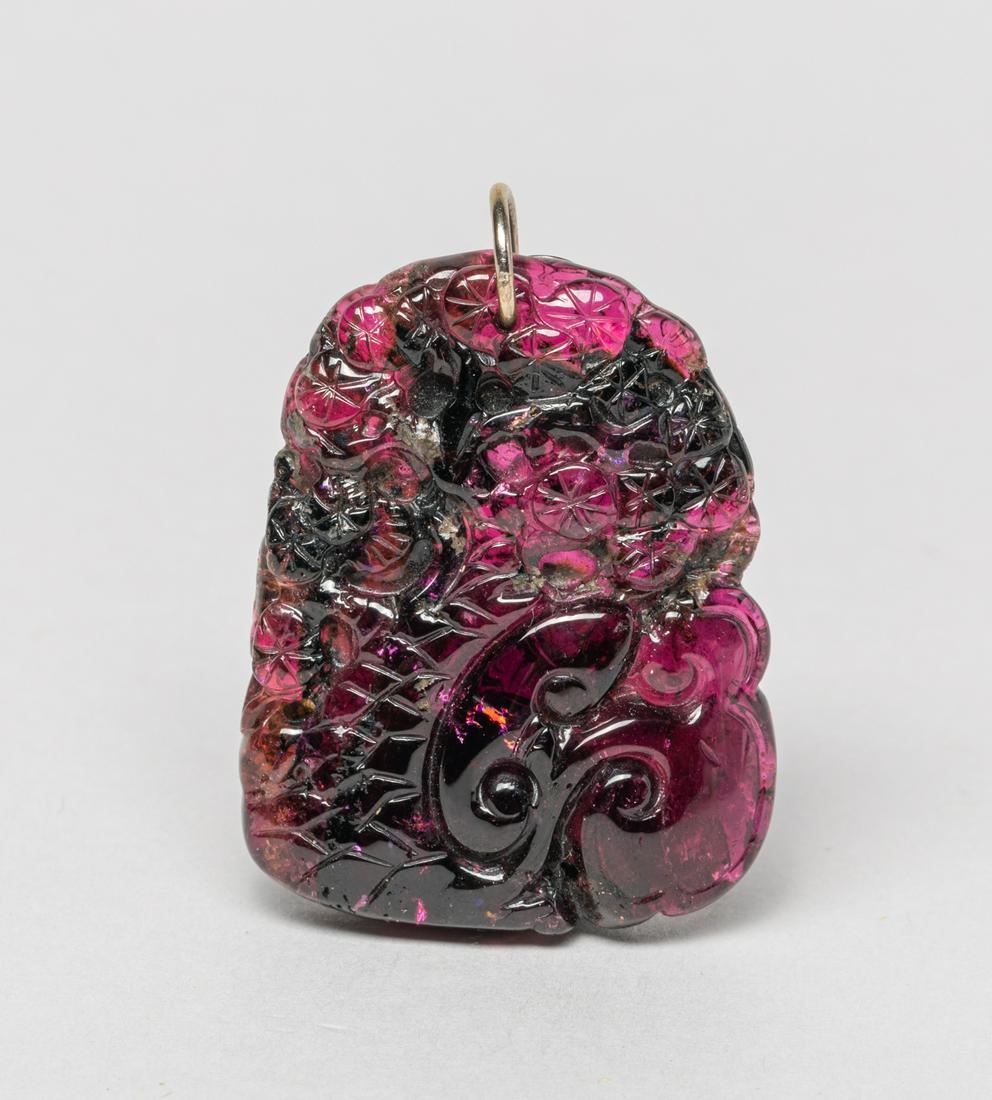 Estate Chinese Wine Red Tourmaline Toggle: Carved on both sides in relief with gnarled pine tree and lingzhi, pierced at the top. Approx. 1.5-1.2 inch.