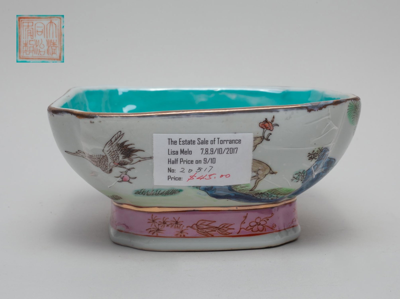 Chinese Famille Rose Porcelain Bowl: The exterior enameled with lingzhi, deer, bats, crane, plum blossom and pine tree, the interior and bottom glazed in turquoise color, the bottom with a seal mark. Approx. 6.7-6.7-3.1 inch. The Estate 