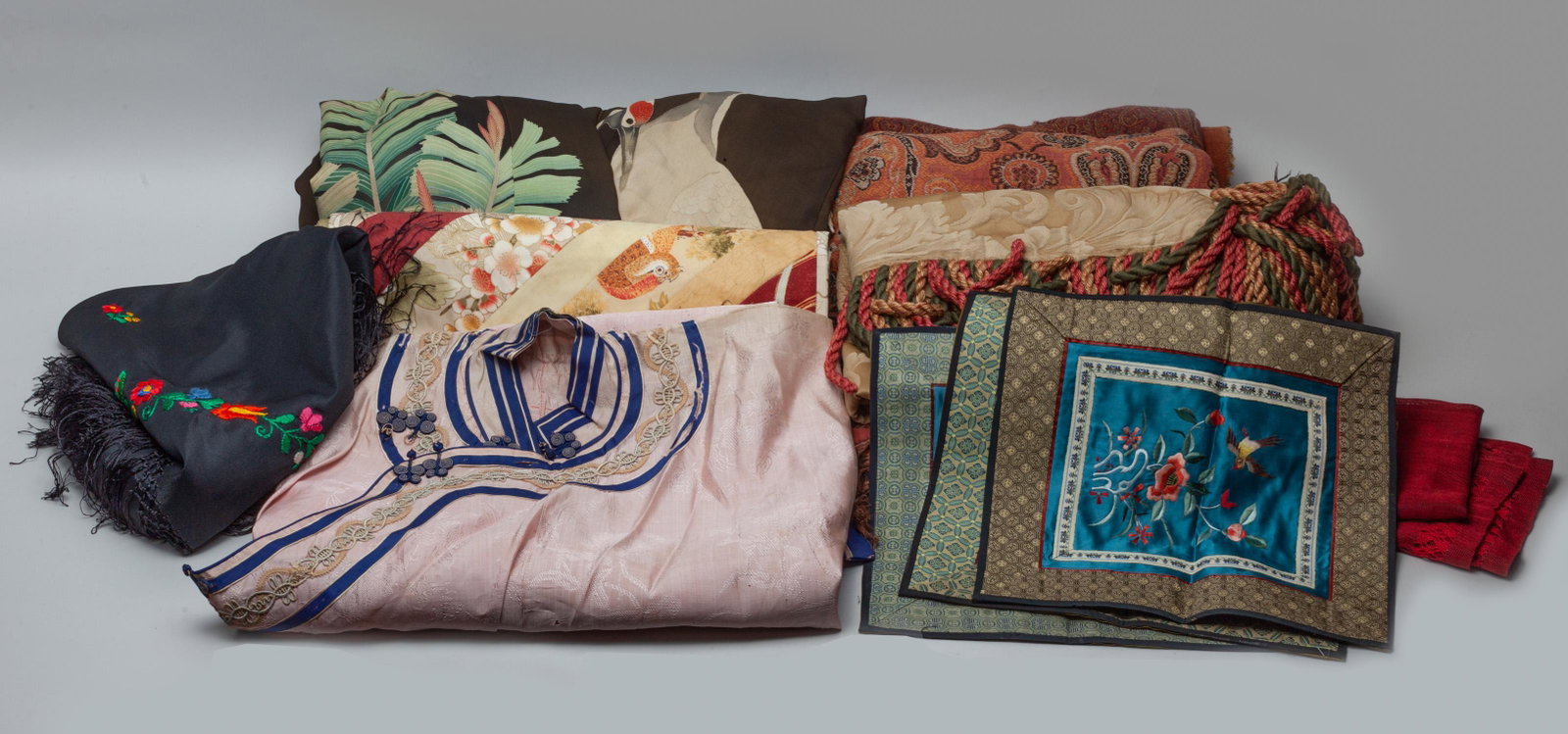 Chinese, Japanese & World Silk Pieces: Including robes, side rugs, scarves and embroidery silk pieces. Size varies.