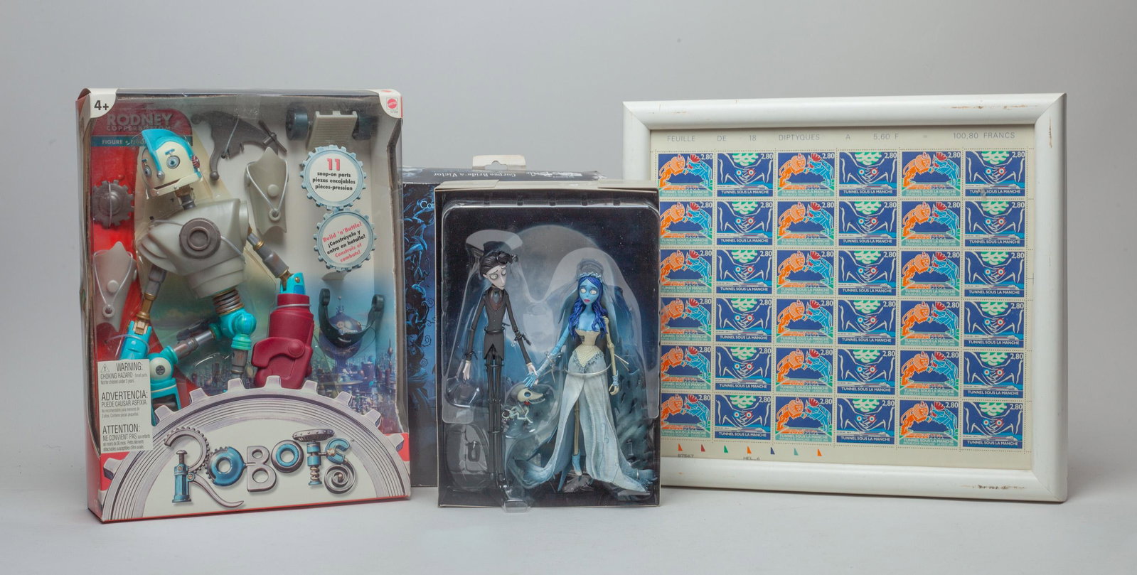 Estate Stamps & Toys: Including toys and a framed stamp decor. Size varies.