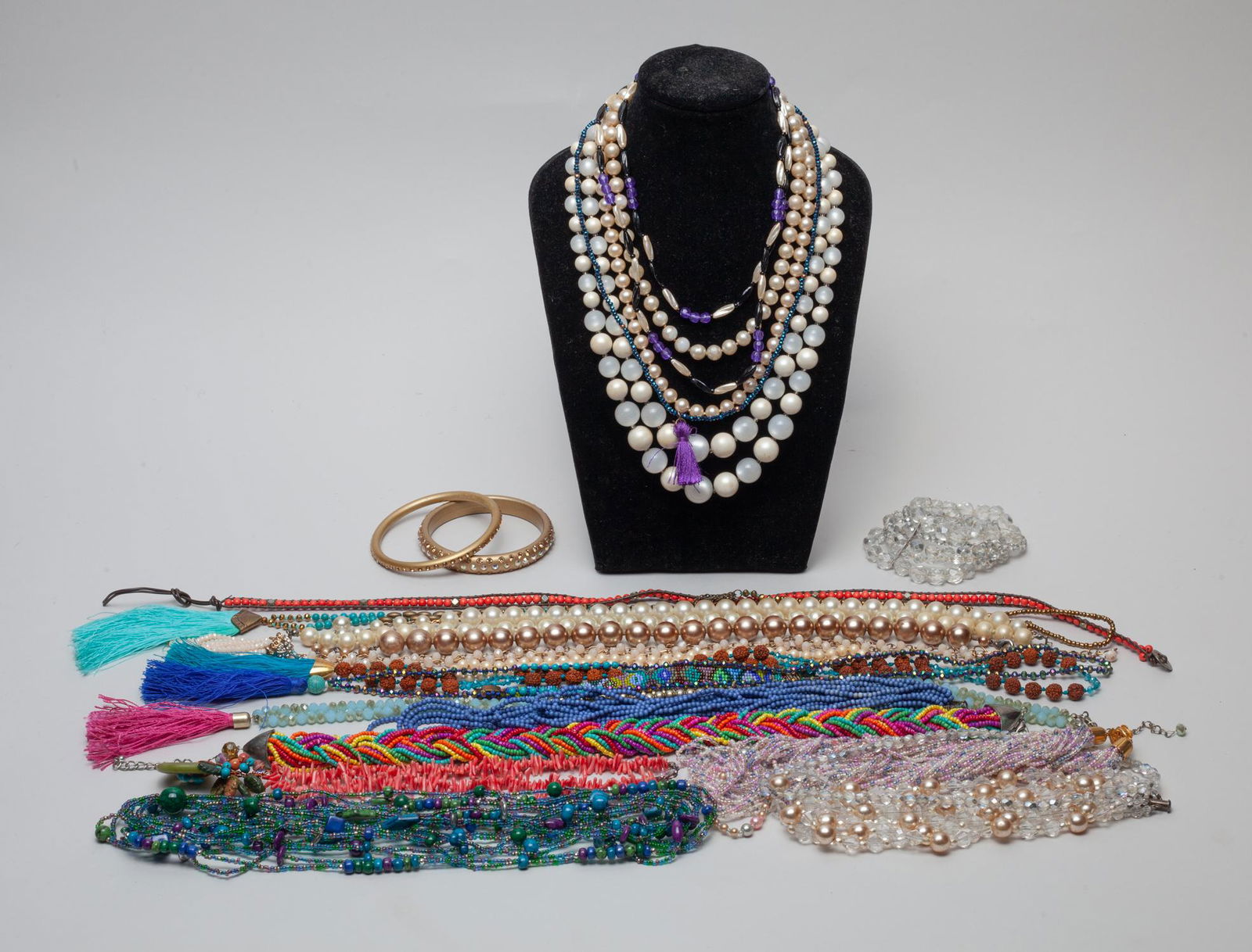 Estate Large Set Costume Jewelry: Large group of costume bead necklaces and bangles. Size varies.
