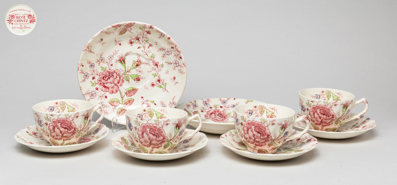 England Bone China Tea Sets: Including 4 tea cups with saucers and 2 plates, the saucer and plate bottom marked ROSE CHINTZ MADE IN ENGLAND by Johnson Bros. Approx. 7inch W (plate size).