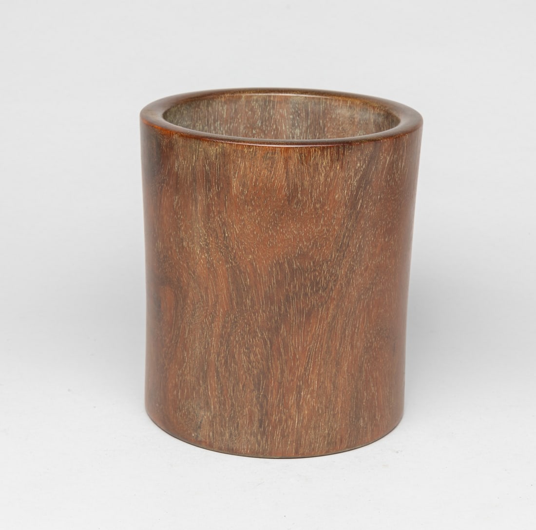 Chinese Hard Wood Brush Pot: Of cylindrical form, the bottom pierced with a circular aperture. Approx. 6.1-5.6 inch.