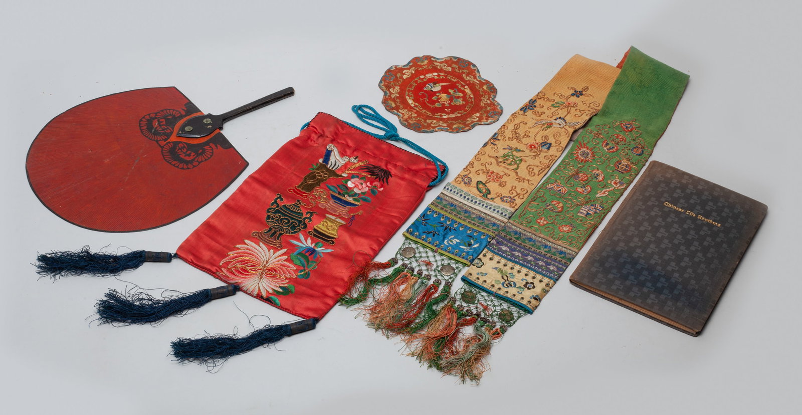 Chinese Silk, Fan & Book: Including a fan, an old poetry book and embroidered silk pieces. Size varies.