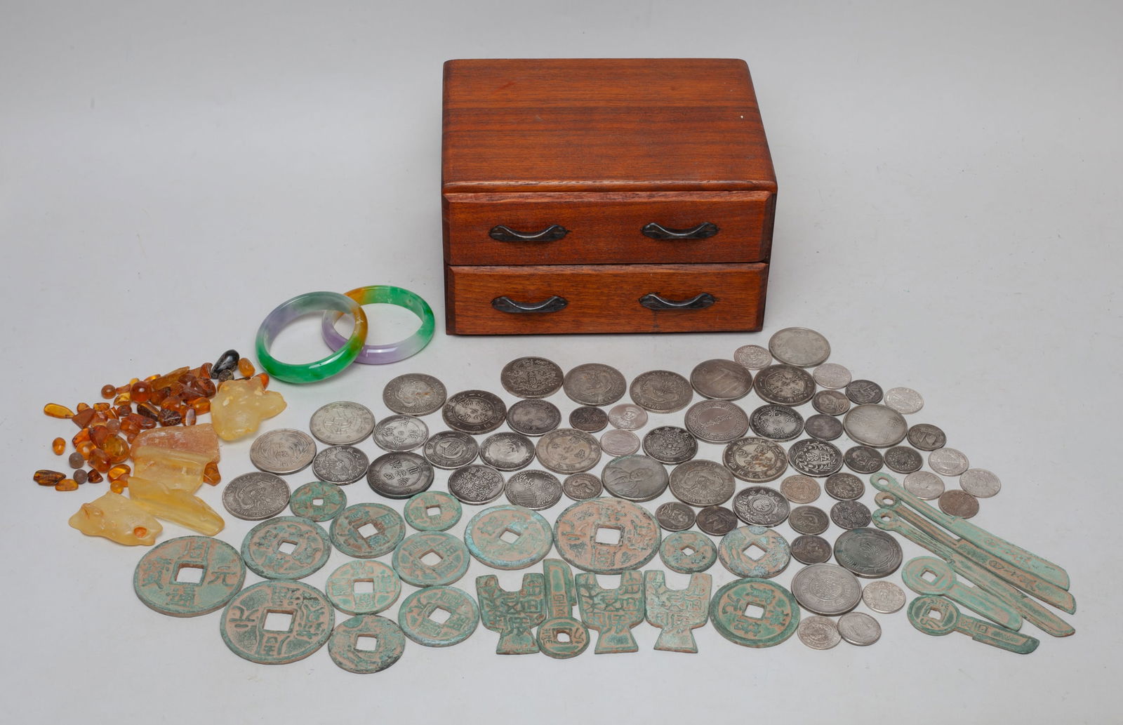 Nature Amber Nuggets & Chinese Fengshui Coins: Including a large group of Chinese Fengshui coins, nature amber pieces and color stone banles, with box. Approx. 7.9-5.9-4.5 inch (box size).