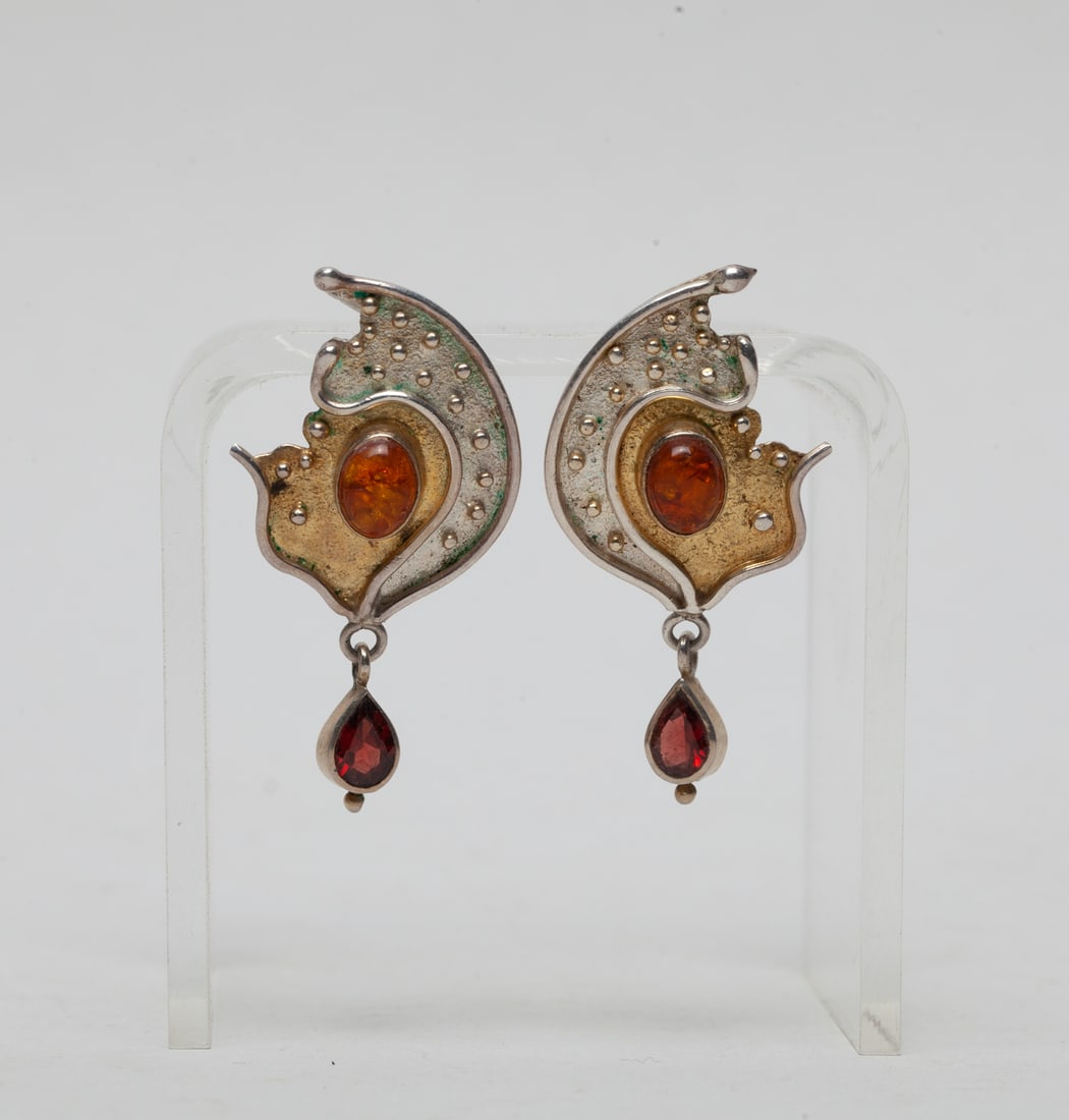 Pair Sterling Large Earrings Inlaid Amber & Garnet (1 of 8)