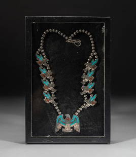 Native American Silver Necklace Inlaid Gemstone: Native American Indian type silver necklace, by Jimmy Nezzie, CA. Suspended with eagle form pendants, inlaid with gemstone, the largest pendant marked J.NEZZLE, with case. Approx. 24inch L.