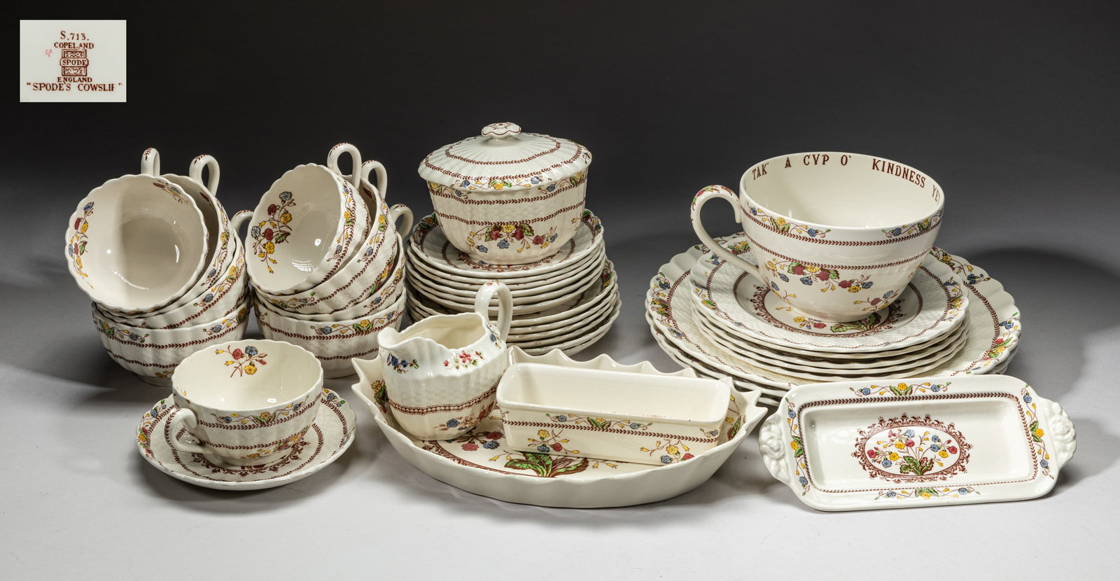 England Spode Cowslip Bone China Sets: Large set of English porcelain plates and bowls, marked COPELAND SPODE ENGLAND ROSALIE. Size varies.