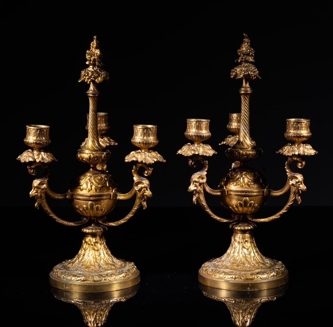 Pair France Gilt Bronze Candelabrums: A pair of French style gilt bronze 3-branch candelabrums, each cast with grapes, leaves and beast heads. Approx. 12-6.8 inch (each).