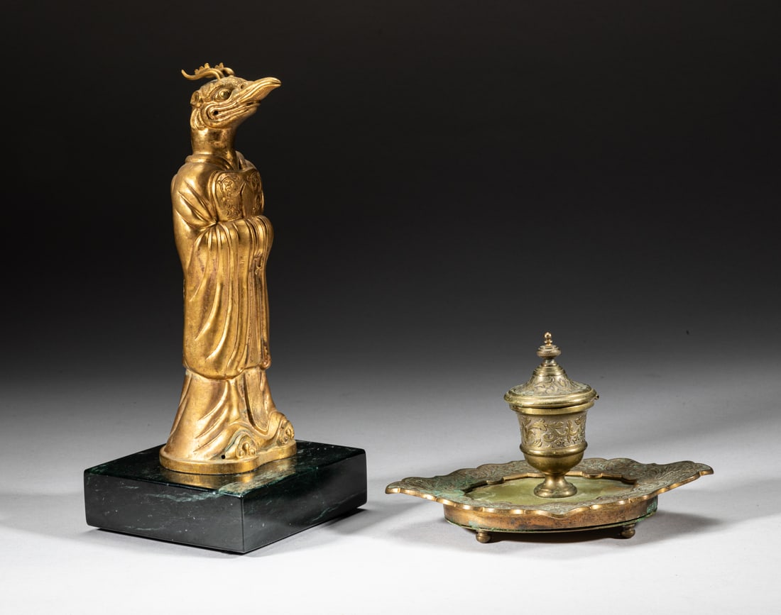 France Gilt Sculpture & Writing Sets: Including a table sculpture cast as a figure with beast head, and an ink box. Approx. 9.1-4-4 inch (larger).