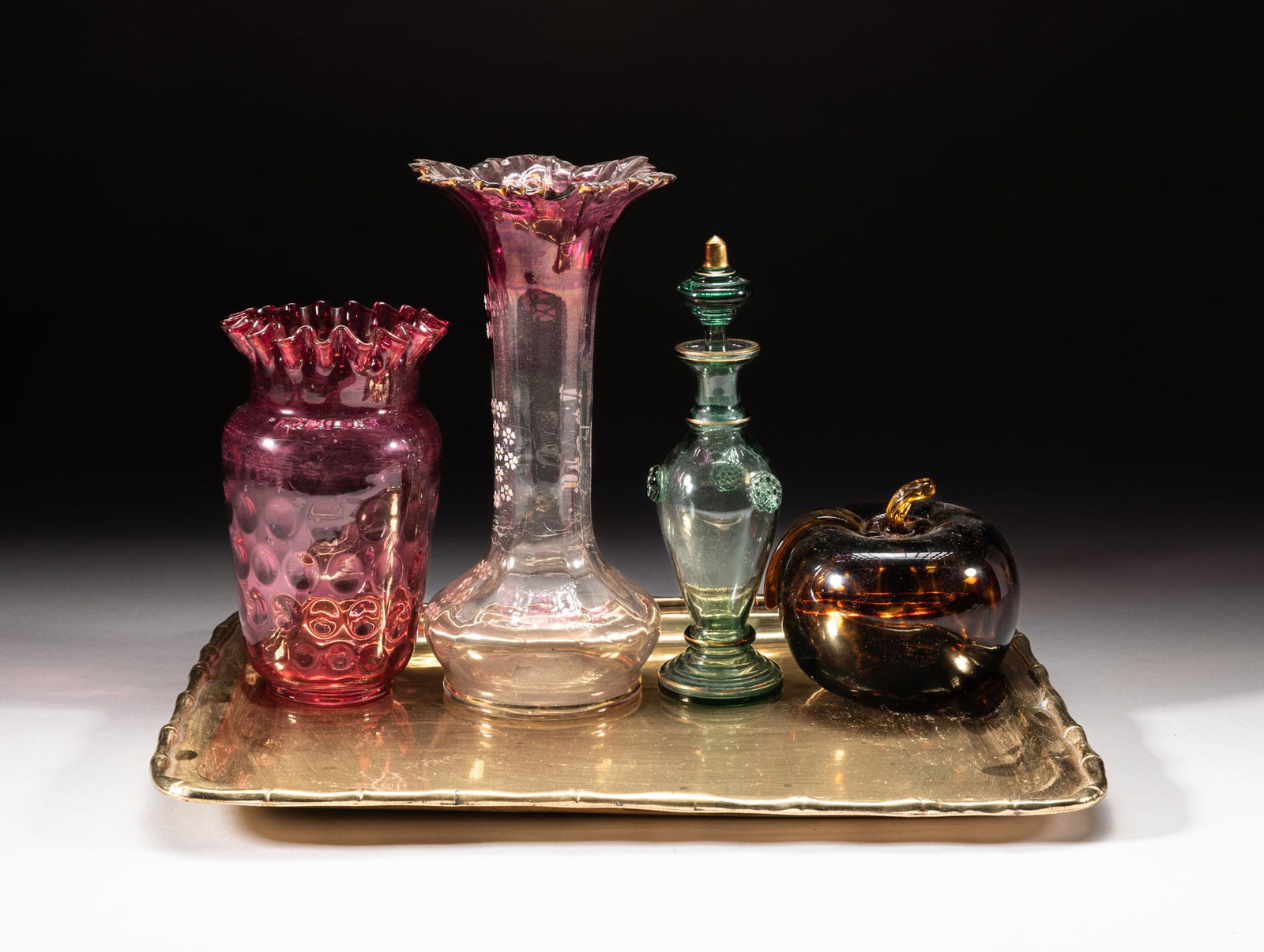 Set Victorian Glass Pieces: Including an apple form table decor, a decanter bottle and two glass vases, with a tray. Approx. 8.5-3.8 inch (largest vase).