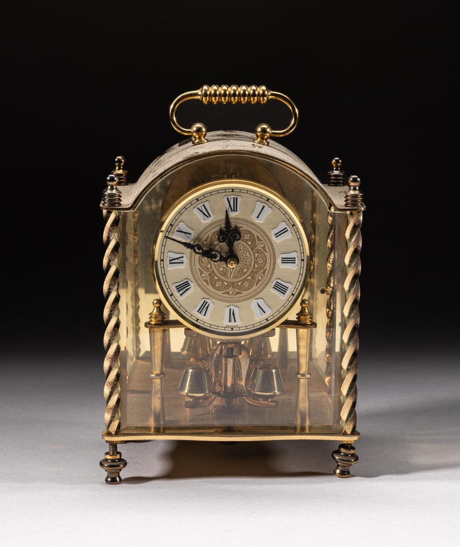 Vintage Table Clock: Vintage table clock, with Roman numeric dial, the dial decorated with foliage pattern. Approx. 7-4.7-3.3 inch.