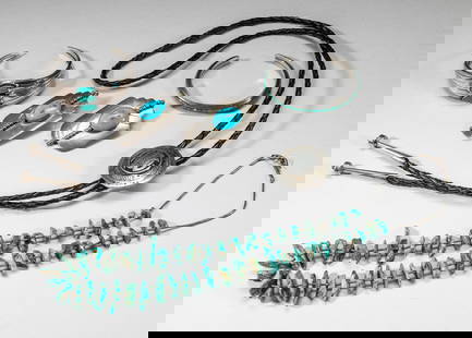 American Indian Sterling & Turquoise Jewelry: Including a bolo tie, 2 cuff bangles, a pair of earrings marked STERLING, and a turquoise-like necklace. Approx. 21inch L (necklace size).