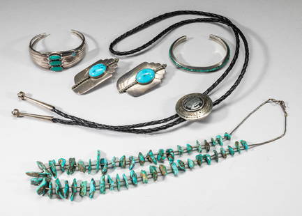 American Indian Sterling & Turquoise Jewelry: Including a bolo tie, 2 cuff bangles, a pair of earrings marked STERLING, and a turquoise-like necklace. Approx. 21inch L (necklace size).