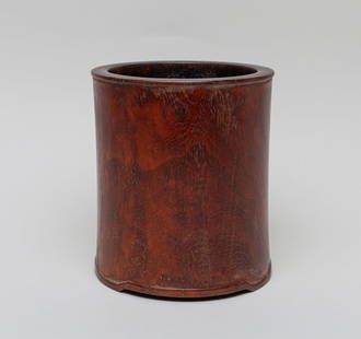 Chinese Hard Wood Brush Pot: Of cylindrical form, the bottom pierced with a circular aperture and with a stopper. Approx. 6.3-5.8 inch. The Estate of The Thomas. Fooches. SF