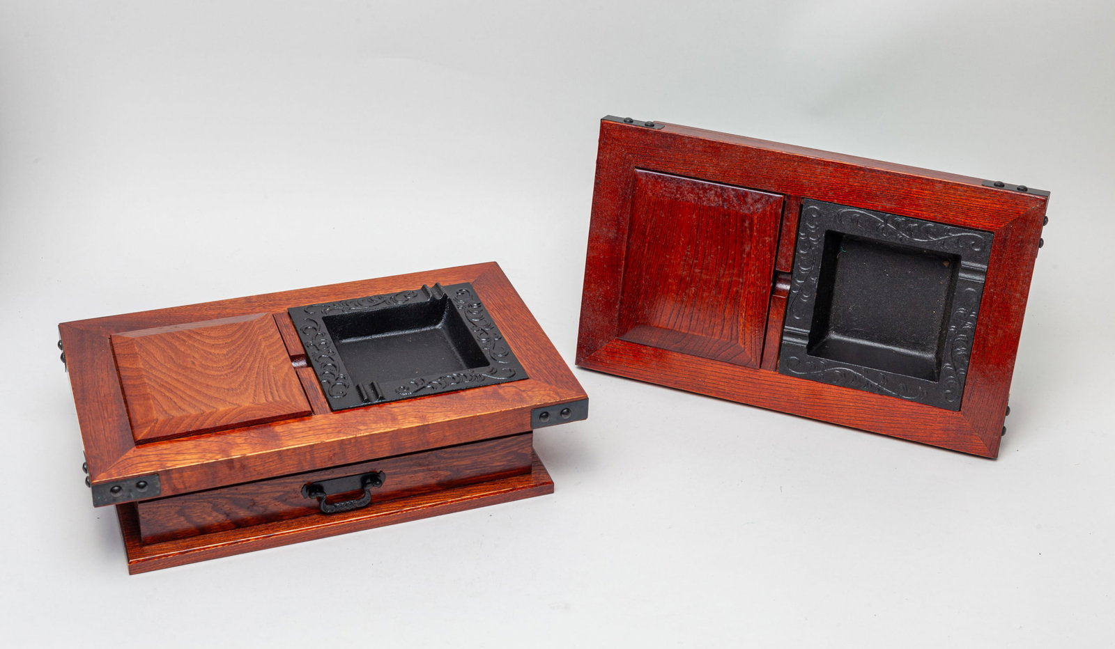 Two Japanese Vintage Wood Tray: Two Japanese vintage wood tray with ashtray. Approx. 12.5-7.6-3.7 inch (each).