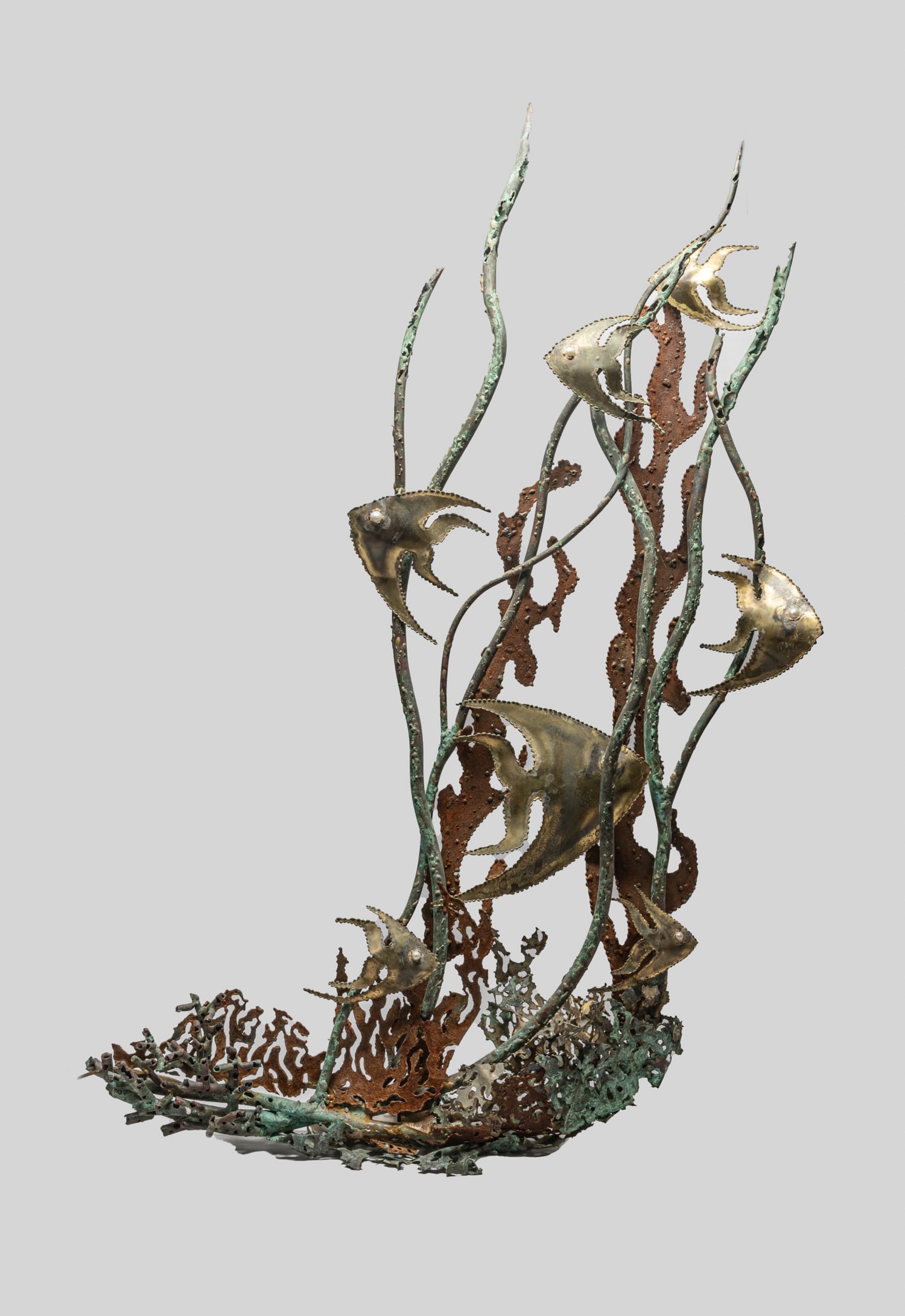 Mid-Century Brass Art Sculpture: Mid-century type brass art sculpture of fish and water plants. Approx. 37-17 inch.