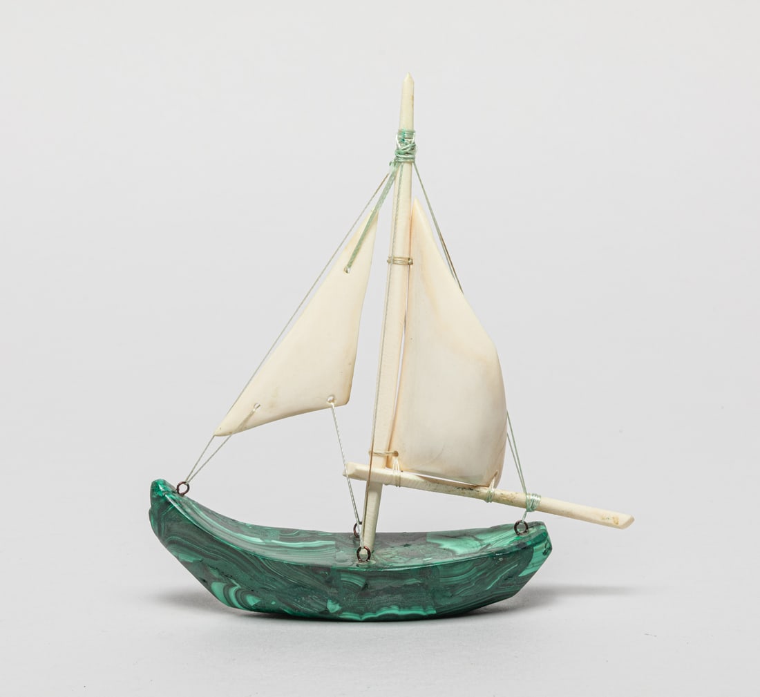 France Malachite Table Sculpture: France type malachite and bone carved boat form table sculpture. Approx. 5.5-1.4-6.1 inch.