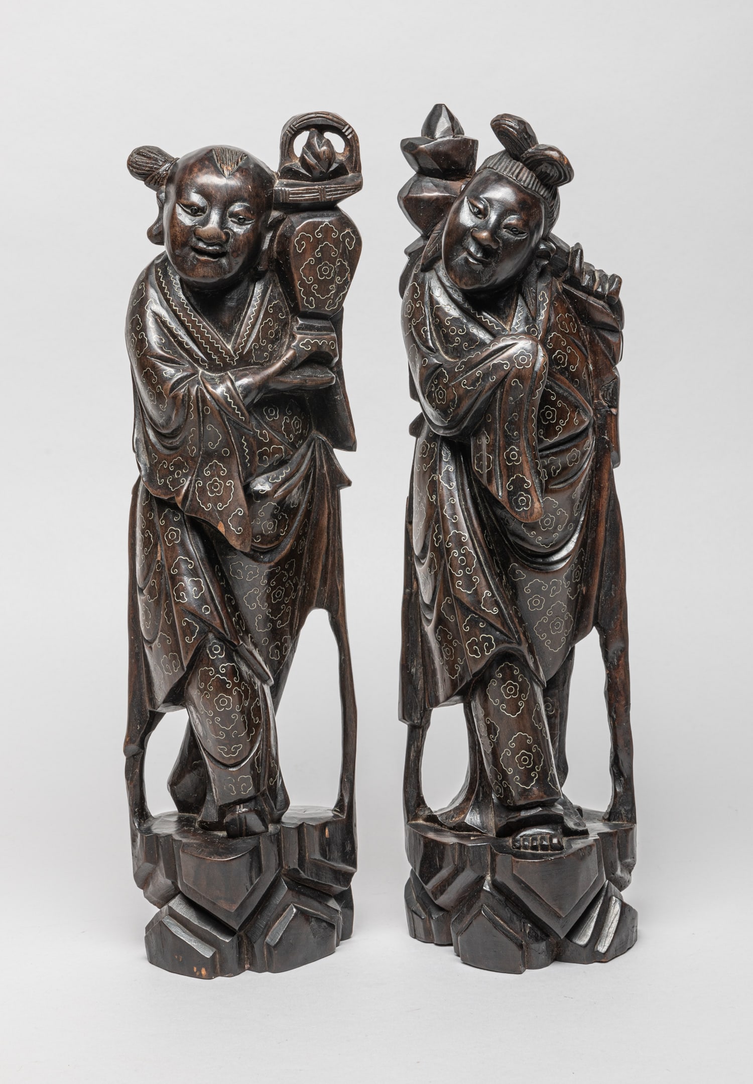 Two Tall Chinese Wood Carving Inlaid Silver (1 of 12)