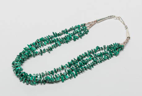 American Indian Three Strand Malachite Necklace: Zuni three-strand malachite and heishi bead necklace. 20inch L.
