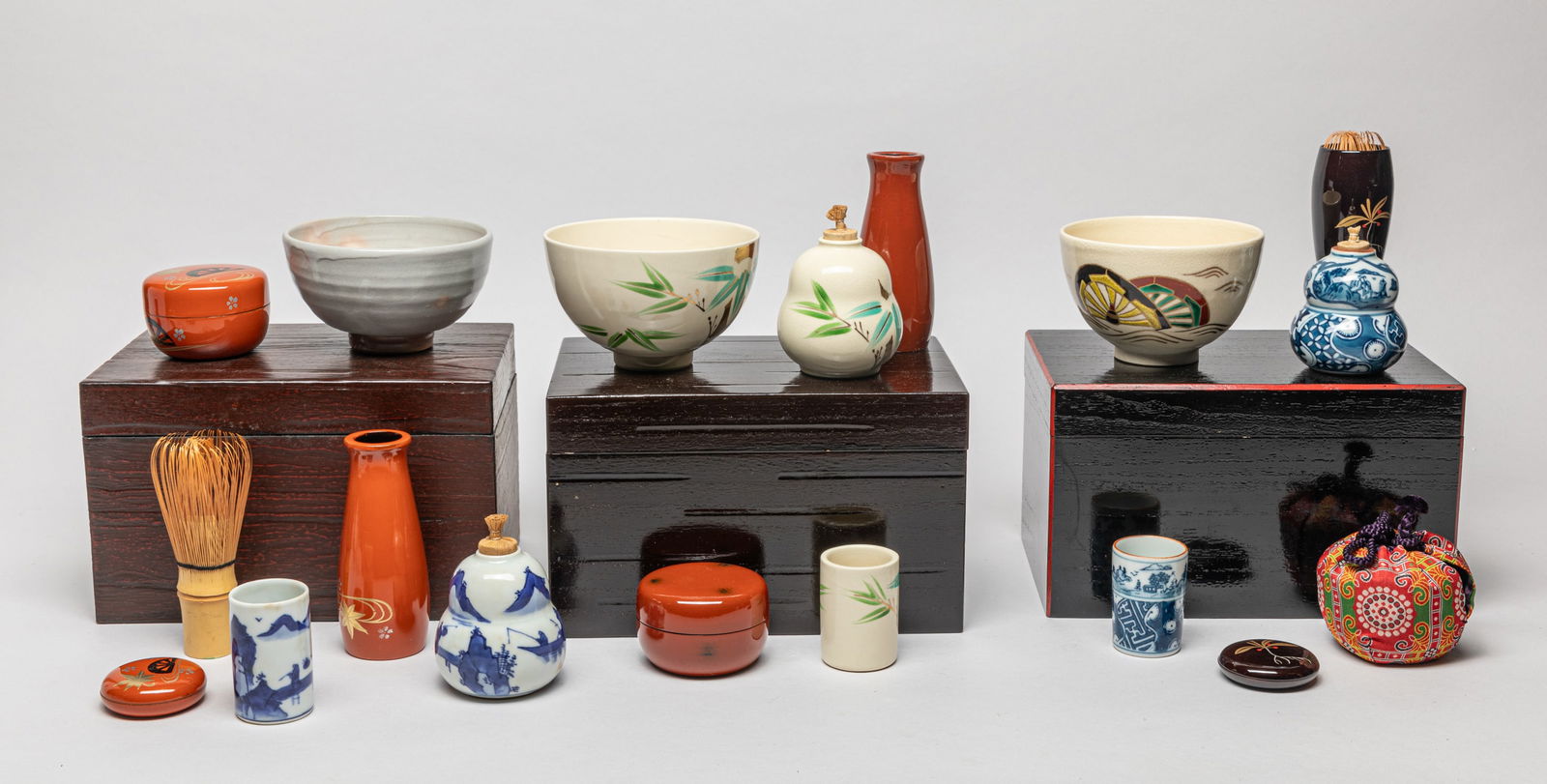 Three Vintage Japanese Tea Sets: Three sets of vintage Japanese tea service pieces. Size varies.