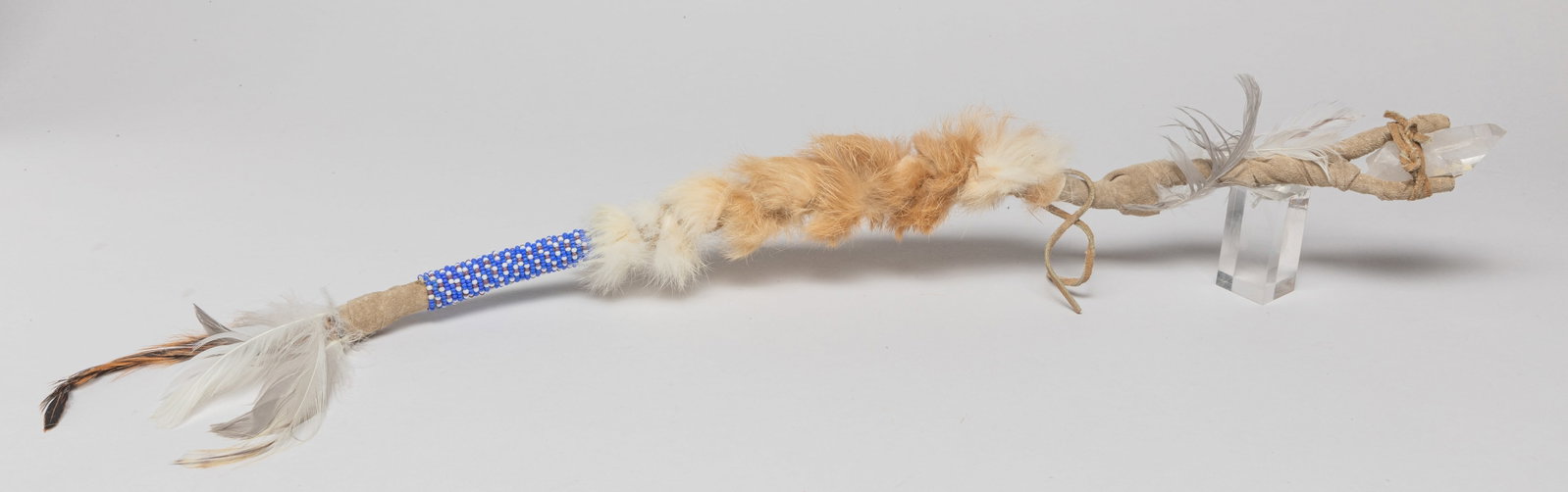 Zuni Medicine Man Spear w/ Crystal: Special Zuni fetish medicine man spear, decorated with crystal, beads and feather. Approx. 19inch L.