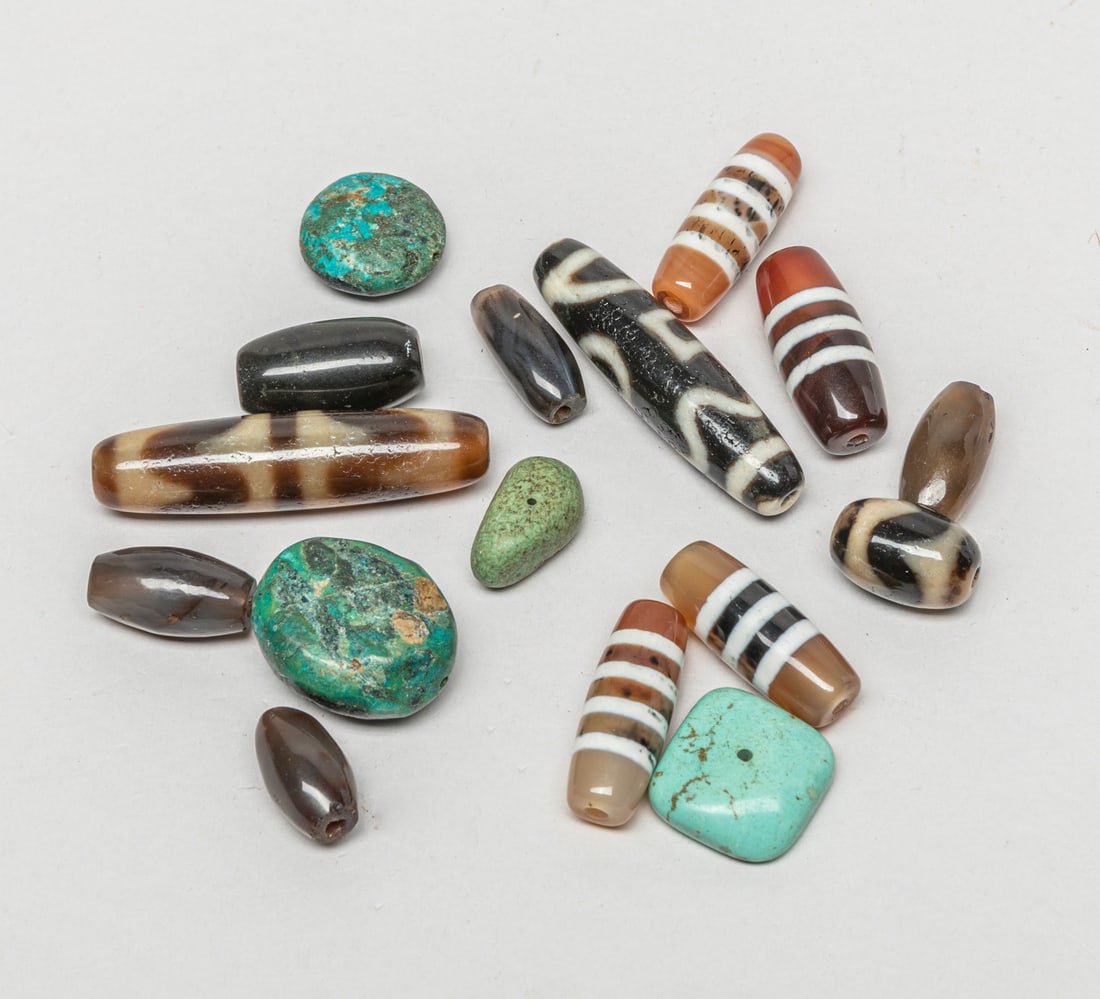 Chinese Tibetan Dzi, Stone Beads: Chinese Tibetan turquoise-like stone, agate and Dzi beads. Approx. 1.95inch L (largest).