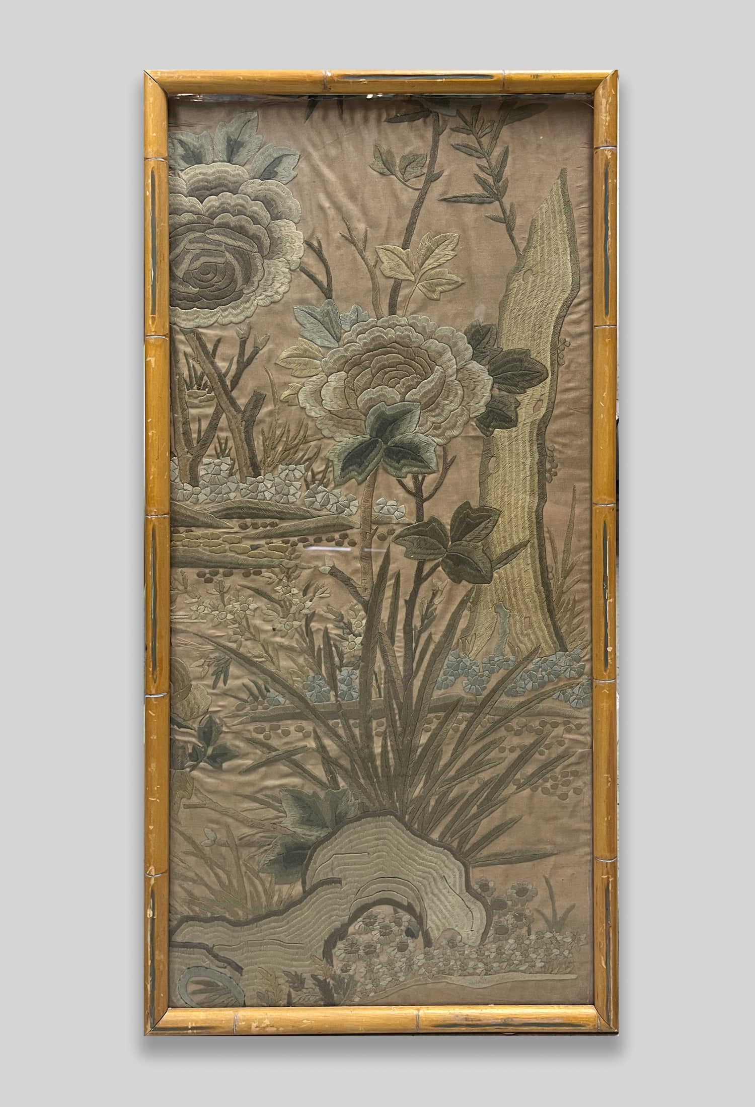 Antique Chinese Embroidered Painting: Framed Chinese embroidered painting of blooming flowers. Approx. 28.5-13.8 inch frame size