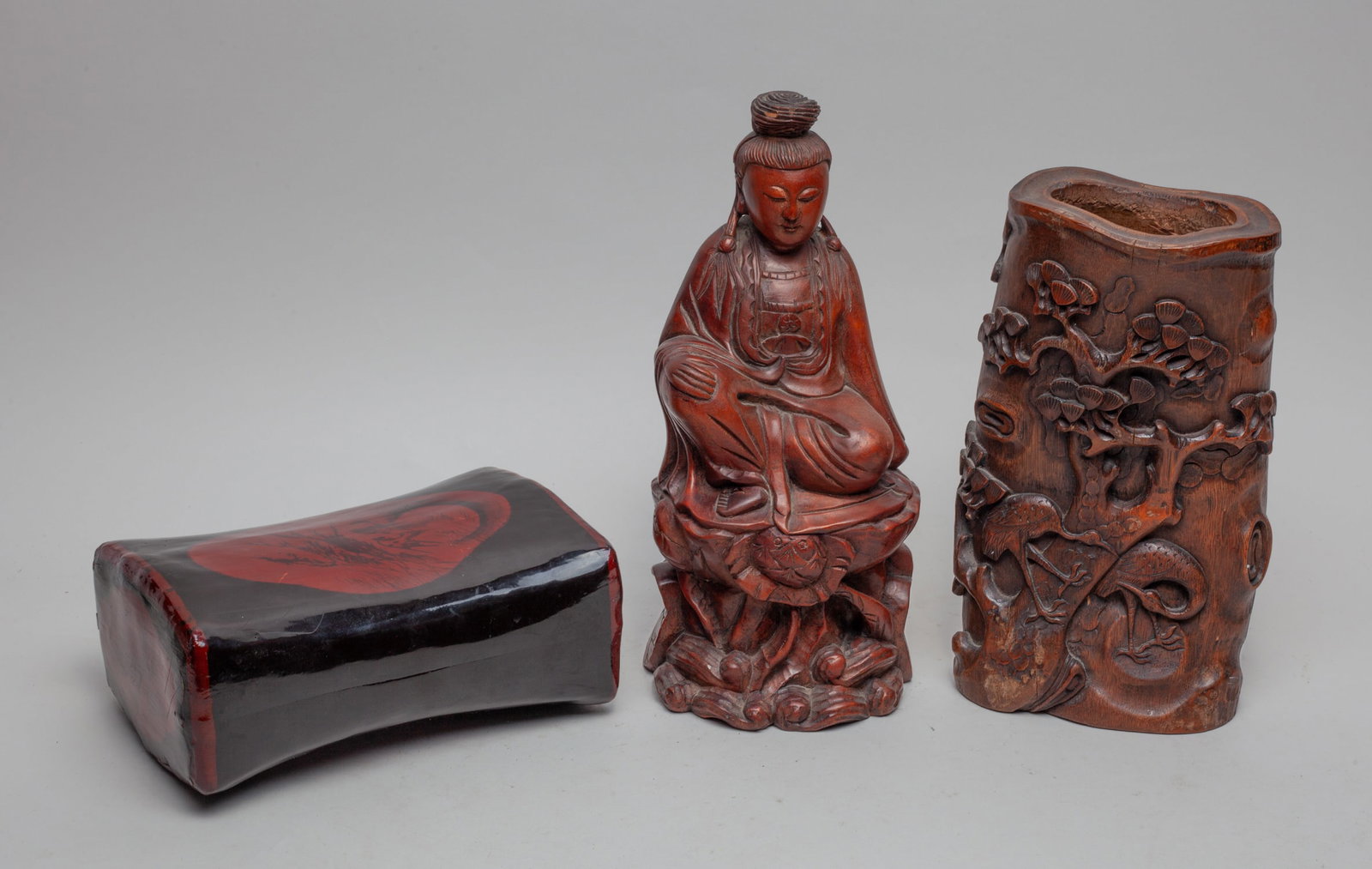 Chinese Bamboo, Wood & Lacquer Pieces: Including a lacquer pillow, a wood sculpture of female, and a bamboo sculpture carved with pine tree and cranes. Approx. 12-5.7-5 inch (largest).