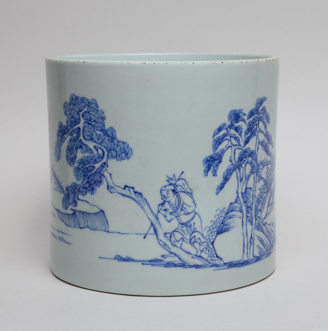 Chinese Blue & White Porcelain Brush Pot: Of cylindrical form, the exterior painted with figures in various activities in landscape. Approx. 7.5-6.7 inch.