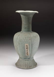 Korean Joseon Royal Shipwreck Porcelain Vase: Of ovoid form rising from a splayed foot to a columnar neck with flared rim, each side carved in low relief with flowers, between bands of petals. Approx. 10.6-5 inch.