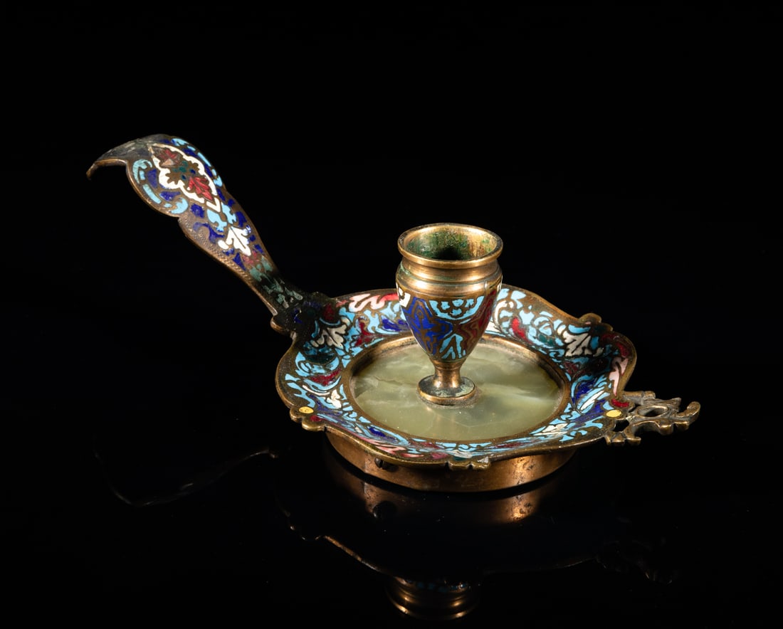 France Antique Cloisonne Piece: Antique cloisone metal and stone piece, the rim and handle enameled with foliage on blue ground. Approx. 7.2-3.9-2.2 inch.