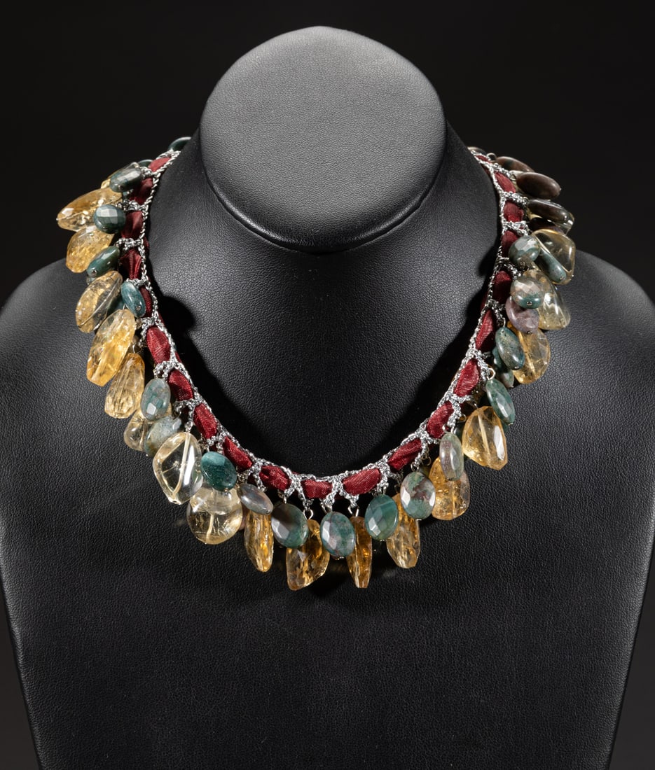 Continental Gold Crystal & Gemstone Necklace: Vintage designed gold crystal and gemstone necklace. Approx. 15inch L.