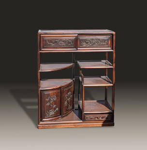 Collectible Chinese Wood Cabinet: Collectible Chinese wood carved cabinet. Approx. 46-35-13 inch.