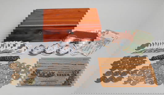 Chinese Fengshui Coins, Commemorative Sets: Large group of Chinese Fengshui coins, American commemorative one dollar coins, vintage stop watches, banknotes and a pair of glasses, with box. Approx. 9-5-3.4 inch (box size).