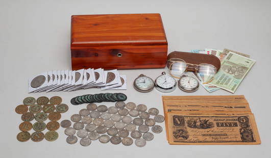 Chinese Fengshui Coins, Commemorative Sets: Large group of Chinese Fengshui coins, American commemorative one dollar coins, vintage stop watches, banknotes and a pair of glasses, with box. Approx. 9-5-3.4 inch (box size).