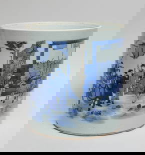 Massive Chinese Porcelain Brush Pot: Of cylindrical form, the exterior painted with figures, horse, deer and crane in outdoor setting. Approx. 8.4-8.1 inch.
