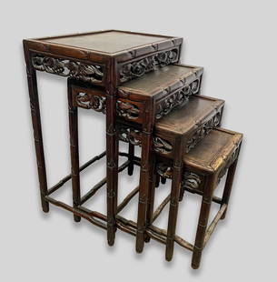 Chinese Rosewood Tall Tables: Set of 4 Chinese rosewood carved tall stand tables, carved with grapes. Approx. 27.3-19-13.6 inch (largest).