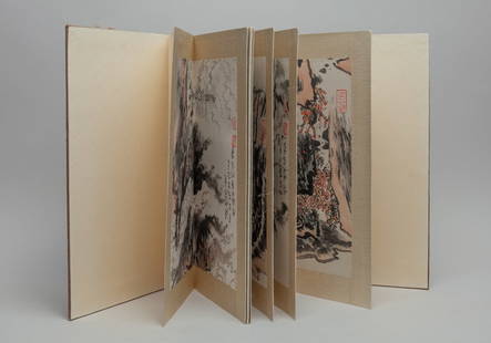 Chinese Watercolor Large Book: Chinese large book of watercolor on paper paintings depicting landscape. Approx. 17-8 inch.