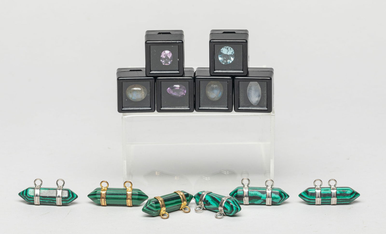 Estate Gemstone & Malachite Like Beads: Including 6 malachite-like beads and 6 gemstone carved pieces with cases. Size varies.