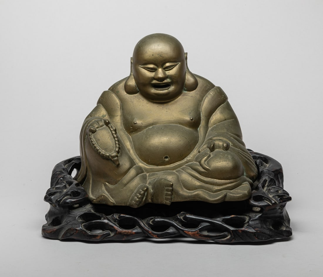 Large Chinese Bronze Buddha w/ Heavy Wood Stand (1 of 9)